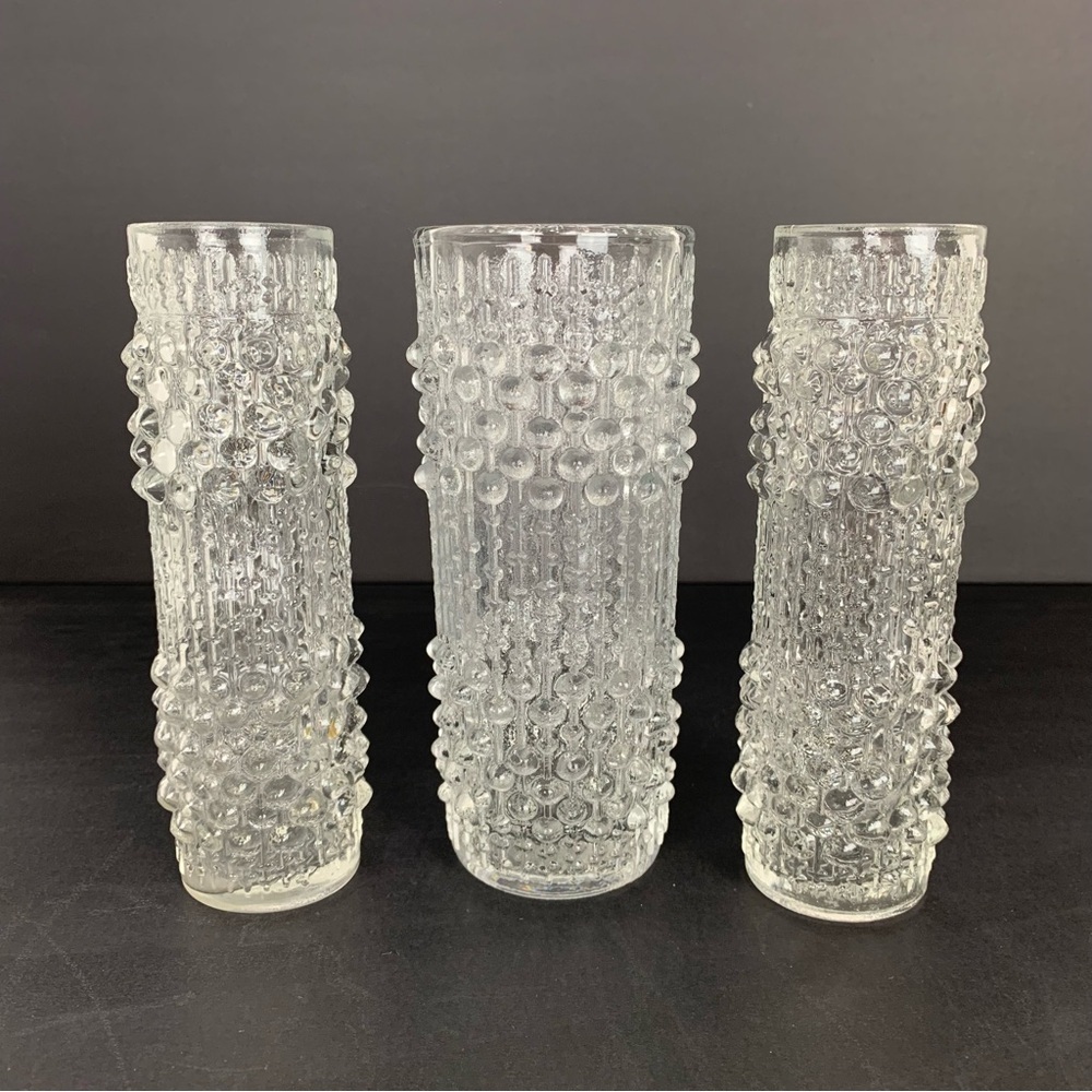 Set Of 3 Sklo Union Vase Candle Drip Wax Czech Art Glass Vtg Clear Textured MCM